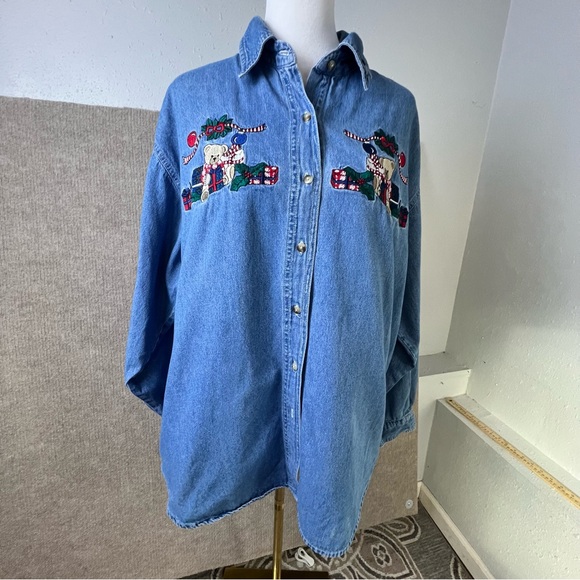 Bobbie Brooks Vintage Embroidered Christmas Bears Long Sleeve Button Up Size XL - Picture 11 of 12
